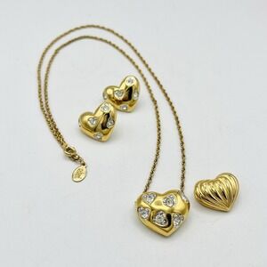 Vintage Joan Rivers Two Heart Necklace Slide Pendant Gold Crystal Earrings Chain